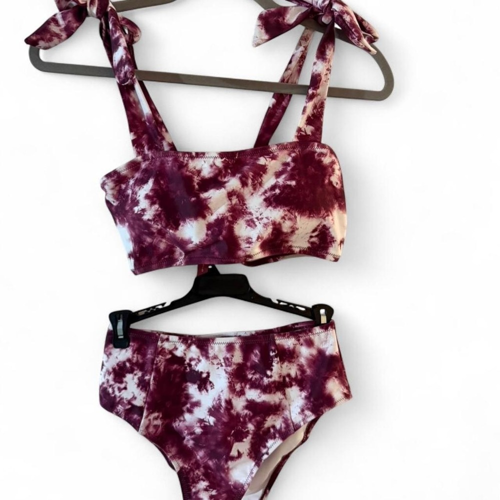 Burgundy and white tie-dye high waisted bikini set with self tie shoulder straps